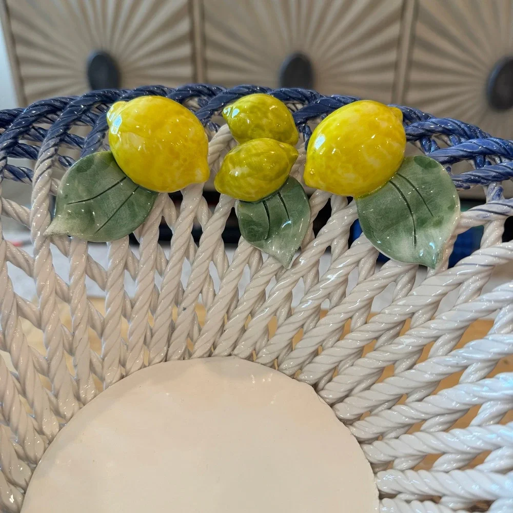 Lanzarin Italian Woven Lattice Ceramic Pedestal Lemon Basket Hand Made in Italy